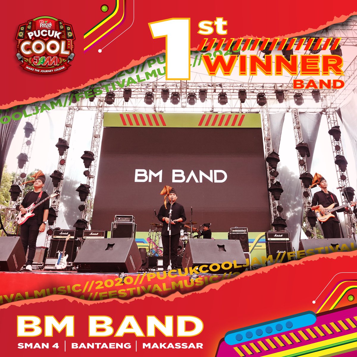 pucukcooljam's tweet photo. ⚠️ BAND FIRST WINNER ⚠️
Congratulations to BM Band from SMAN 4 Bantaeng, South Sulawesi as the 1st winner Band of Pucuk Cool Jam 2020.
#PucukCoolJam2020 #PCJ2020 #MakeTheJourneyLouder #MusikIndonesia #InfoMusik #BandIndonesia #Ekskul #Pensi #AudisiBand #KompetisiBand https://t.co/pNwEriJxNV