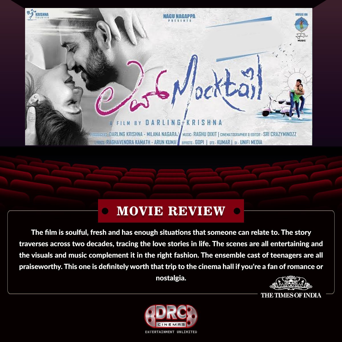 DRCCinemas's tweet photo. #LoveMocktail, a pleasant rom-com movie starring @darlingkrishnaa, #MilanaNagaraj & #AmruthaIyengar is a delightful mocktail with the right mixture of emotions.
#BookYourTicketsNow at @DRCCinemas.
#MoviesInMysuru #Movies #MysuruMultiplex #DRCCinemas #DRC #Mysuru #Mysore https://t.co/RpK7TuSbm1