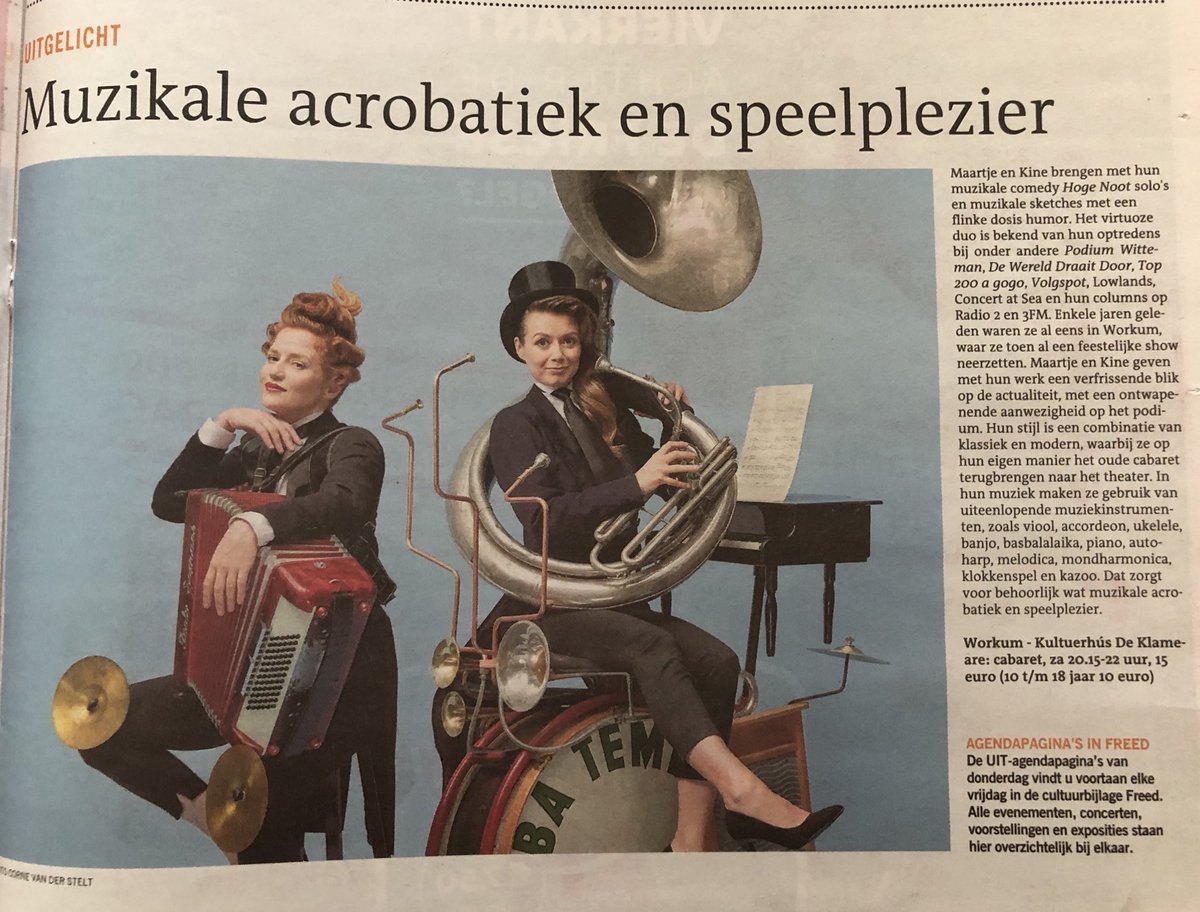 Vandaag in de #Leeuwardercourant ⁦<a href="/lc_nl/">Leeuwarder Courant</a>⁩ en zaterdag in de Klameare in #workum. Maartje en Kine. Er zijn nog een beperkt aantal kaarten, dus reserveer snel via onze site.