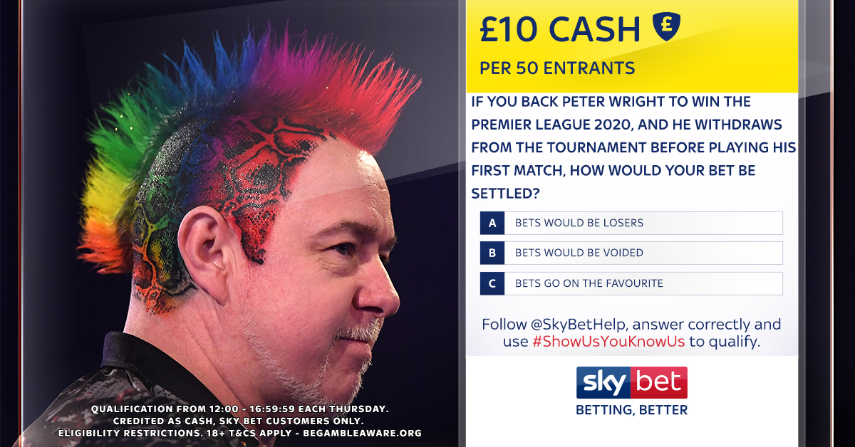 SkyBetHelp's tweet photo. 🏆 Follow @SkyBetHelp and answer correctly with #ShowUsYouKnowUs for a chance to win £10 cash!

🎯 The Darts Premier League is back tonight, but how's your darts knowledge?

🙌 We're giving away £10 cash per 50 entrants, retweet to test a mate!

T&amp;Cs 👉 https://t.co/aZhjrVMA9S https://t.co/HcVeN3BYXg