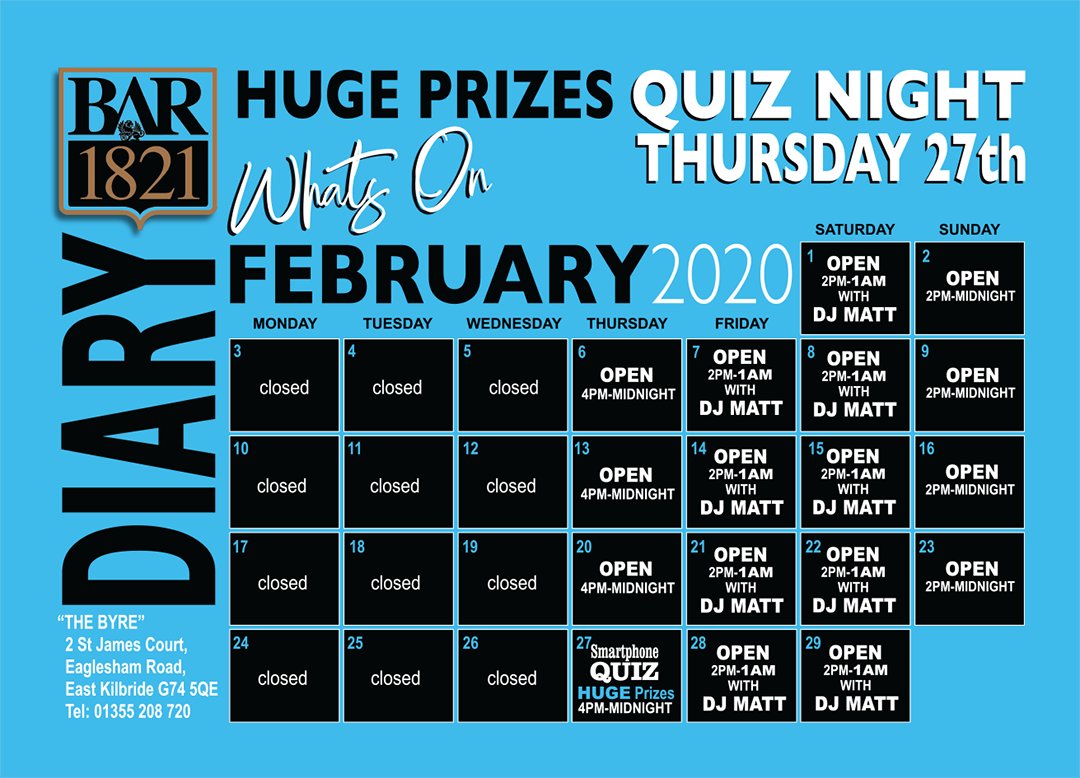 Bar_1821's tweet photo. Here's what @Bar_1821 at The Byre has planned for February. If you've not been in on Friday's &amp; Saturday's to hear DJ Matt, come on down this weekend.

Our Big Smartphone Quiz returns on Thursday 27th February, so get a team together and come down to win big prizes. https://t.co/TIM1FMVijU