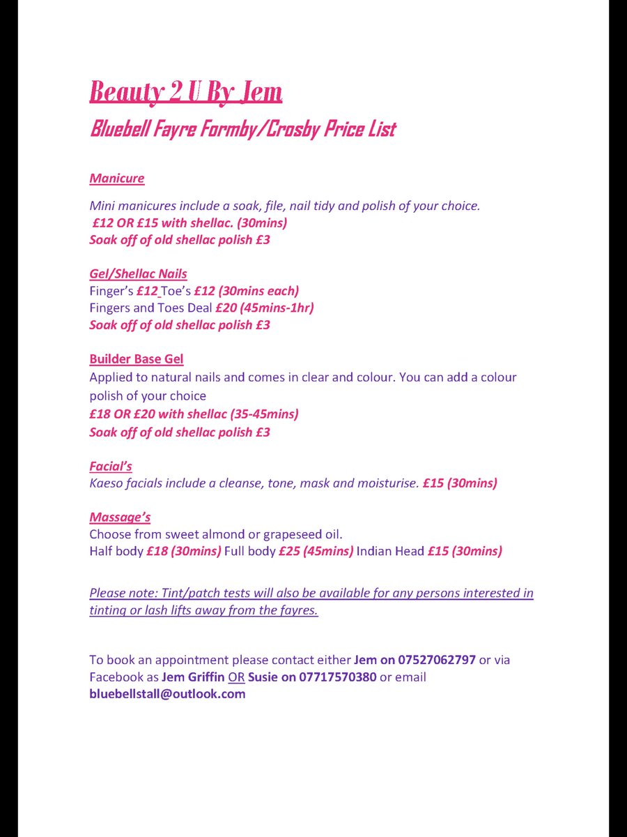 Bluebell_stalls's tweet image. Don’t forget to book in for a treatment this Saturday if you are coming along to our fayre! 
Why not treat yourself ?
We all deserve a little pamper !
#nails #manicure #massage #facials