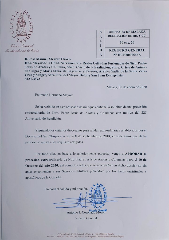 🚨 OFICIAL: El Obispado de #Málaga (<a href="/DiocesisMalaga/">Diócesis de Málaga</a>) ha autorizado la procesión extraordinaria de Jesús de Azotes y Columna el próximo 10 de octubre con motivo del 225 aniversario de su bendición, así como todo el programa de actos previstos para esta conmemoración #CofradíasMLG