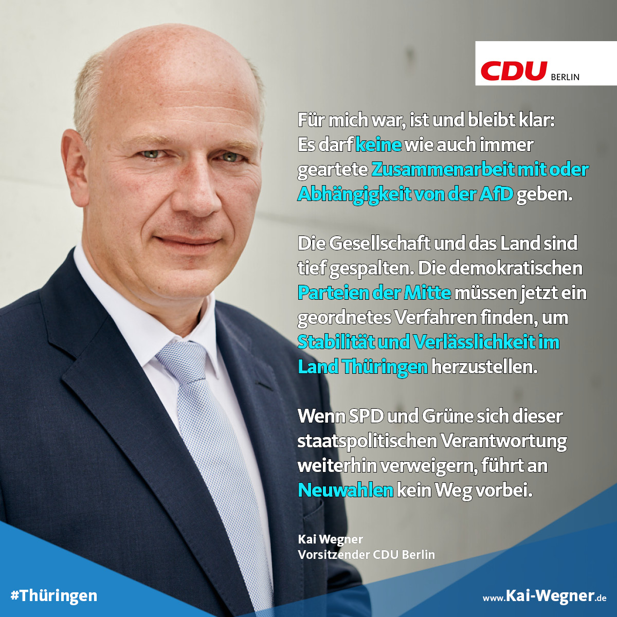 Mein Statement zur #ThueringenWahl : 
1⃣ Keine Zusammenarbeit mit der AfD!
2⃣ Stabilität und Verlässlichkeit für #Thueringen.
3⃣ Wenn SPD und Grüne sich der staatspolitischen Verantwortung weiterhin verweigern, führt an #Neuwahlen kein Weg vorbei.