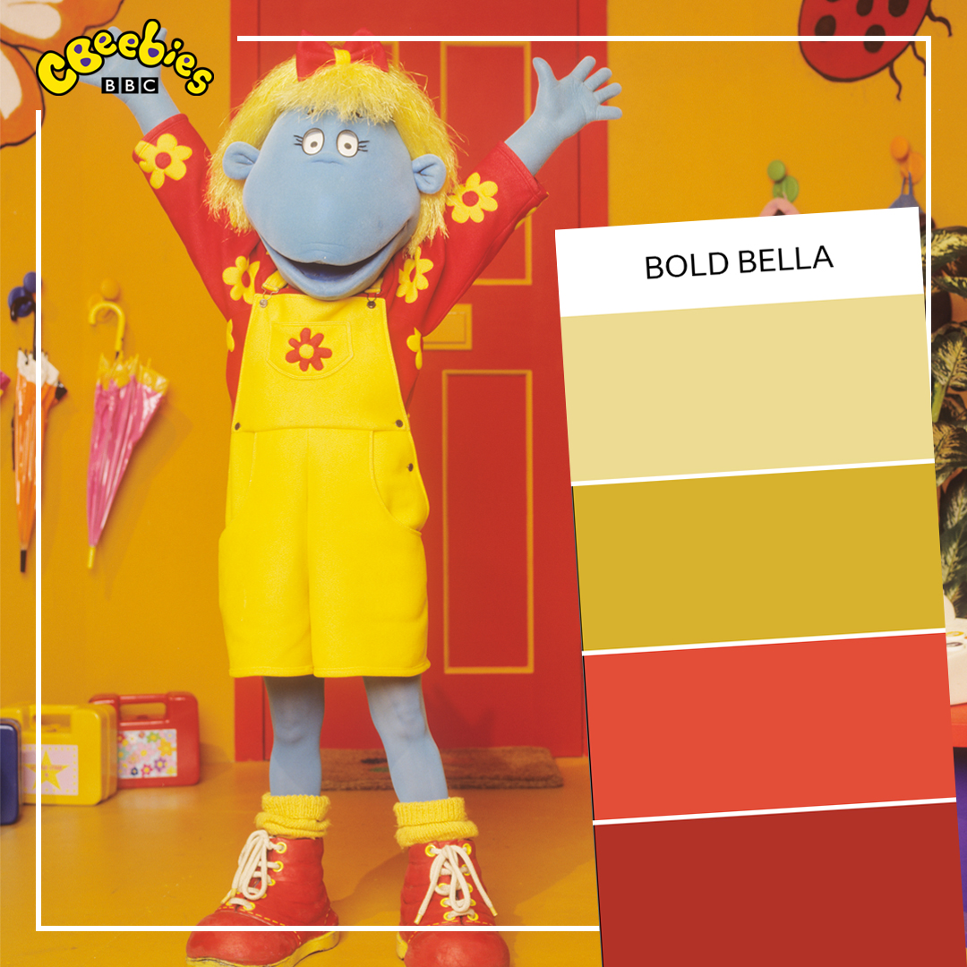 bella from the tweenies with a pantone chart of colours