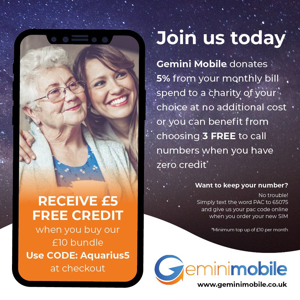 GeminiMobileUK's tweet image. Receive £5 FREE credit on us, when you buy our £10 bundle. 
Use Aquarius5 at check out.
Geminimobile.co.uk
#GeminiMobile #Charity