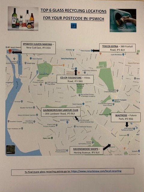 Today we are looking at glass recycling locations in the IP3 area of Ipswich. Remember you can leave your cap on bottles. To find more go to recyclenow.com/local-recycling #recycle #ipswich #glass #ip3