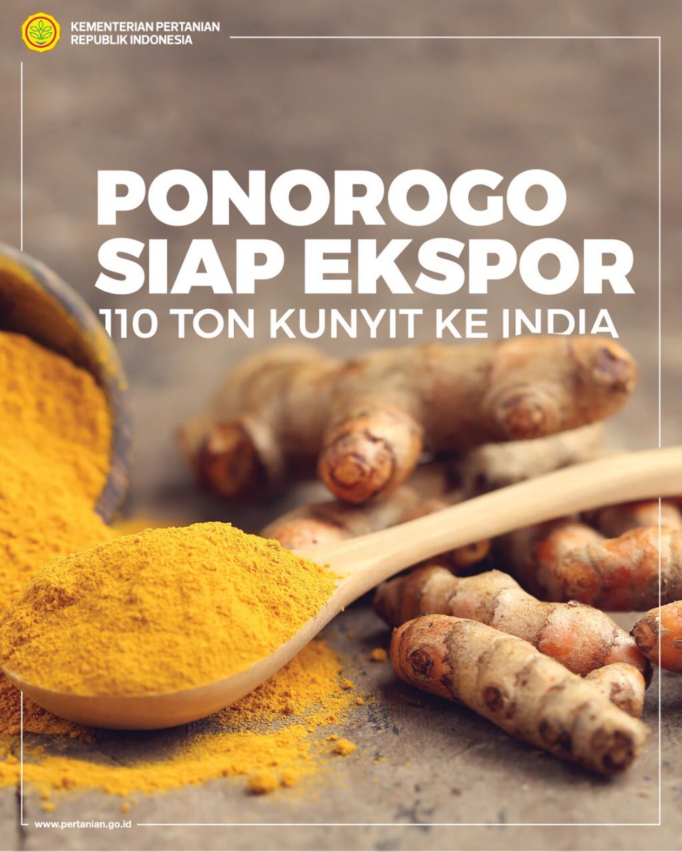 kementan's tweet photo. #SobaTani Bukan hanya sayur dan buah-buahan, komoditas tanaman obat ternyata jg mampu bersaing ekspor.

Pada Februari ini, rencananya kunyit asal Ponorogo akan diekspor ke India sebanyak 110 ton atau 5 kontainer dgn nilai ekspornya mencapai Rp1,8 miliar.

#PertanianIndonesiaMaju https://t.co/F8iScoESPi
