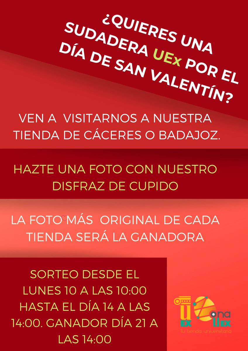 ¡Sorteo San Valentín! ¡Haznos una visita y podrás llevarte una sudadera UEx! 💚👕📷 #zonauex #uex #Cáceres #Badajoz #sorteo #SanValentín