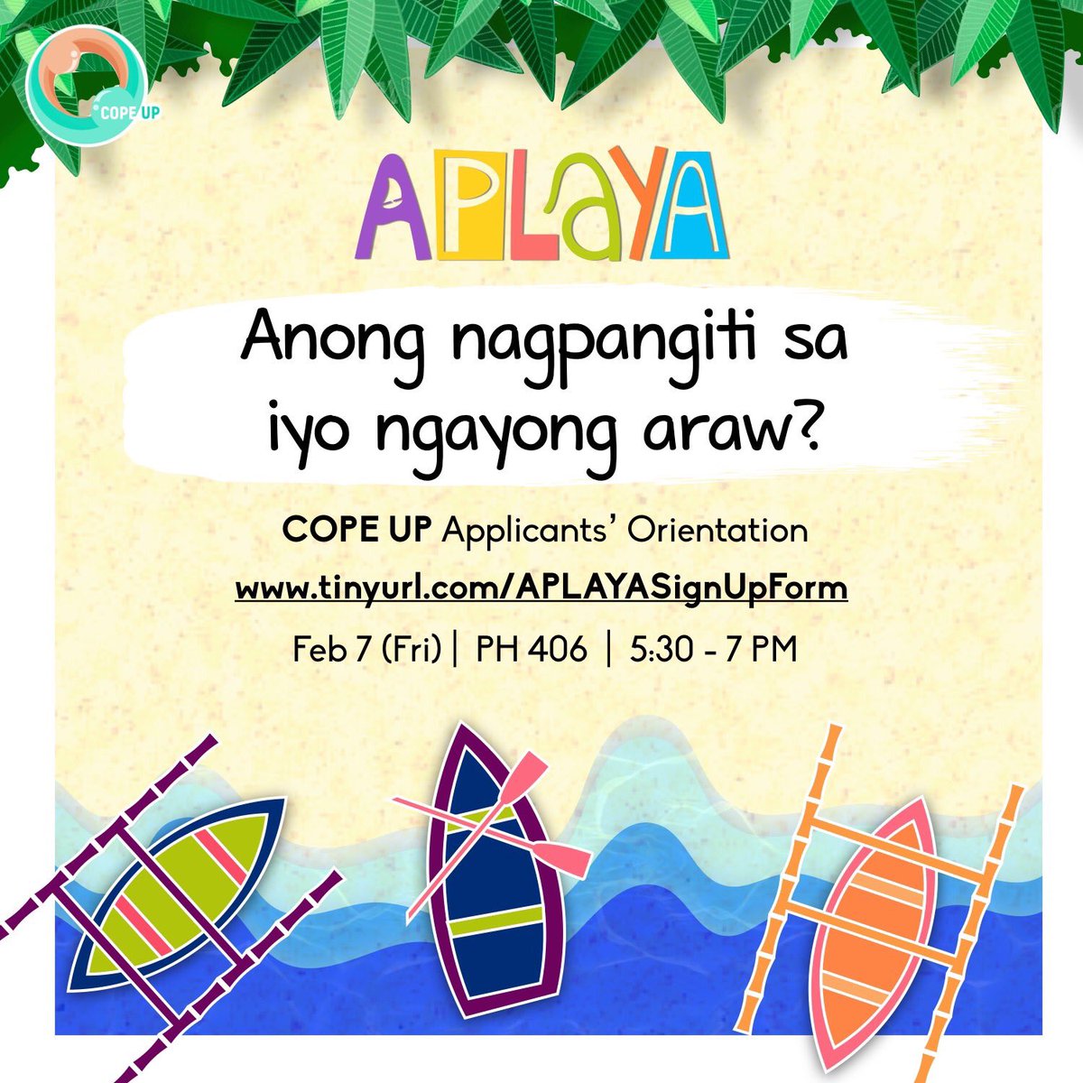 COPE_UP's tweet photo. Bukas na ang orye!

Anong napangiti sa iyo ngayong araw?

I-quote ang sagot mo!

⛵️🏖

Makiisa sa aming mental health na adbokasiya at mag-apply na:  https://t.co/NdkNiZPKbK…

Feb 7, 2020
PH406
5:30-7PM

#MHorg #Aplaya #HOPEtogether #COPEtogether #COPEUP https://t.co/g9247vr68p