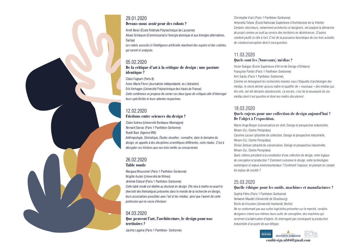 Retrouvez ici le programme du cycle de conférences dans son intégralité ! ⬇️
En espérant vous voir nombreux et nombreuses aux prochaines séances ! 🔍

#design #art #designartsmedias <a href="/SorbonneParis1/">Université Paris 1 Panthéon-Sorbonne</a>