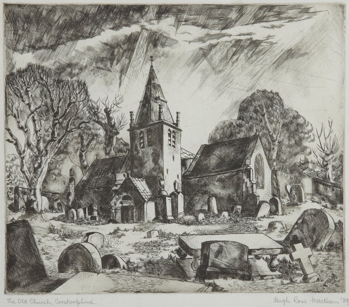 Drypoint etching of Corstorphine Parish Church. The church is the the centre, with headstones in various stages of disarray in the foreground