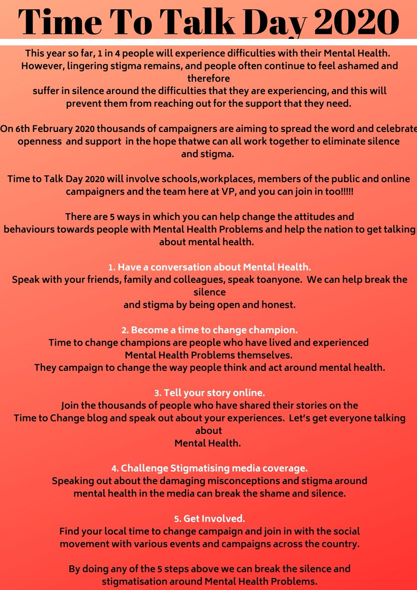 Today is time to talk day!

This year so far, 1 in 4 people will experience difficulties with their Mental Health. 
Help break the silence and shame by using the 5 steps below! You could help make a difference just by talking!