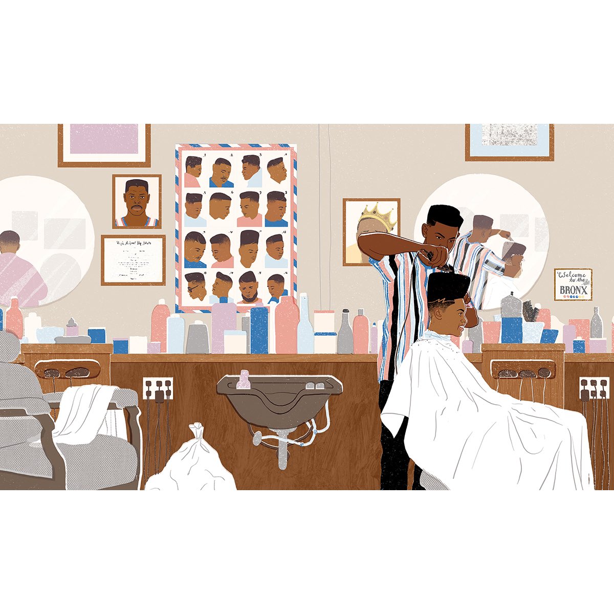 CannadayChapman's tweet photo. I'm happy to share a two-page illustration I did for @airbnb magazine!💈This one's called The Boogie Down Barbershop. In this image I wanted to take the viewer back in time to what a barbershop in the Bronx might’ve looked like in the early 90’s. https://t.co/FDOW6ch4iH