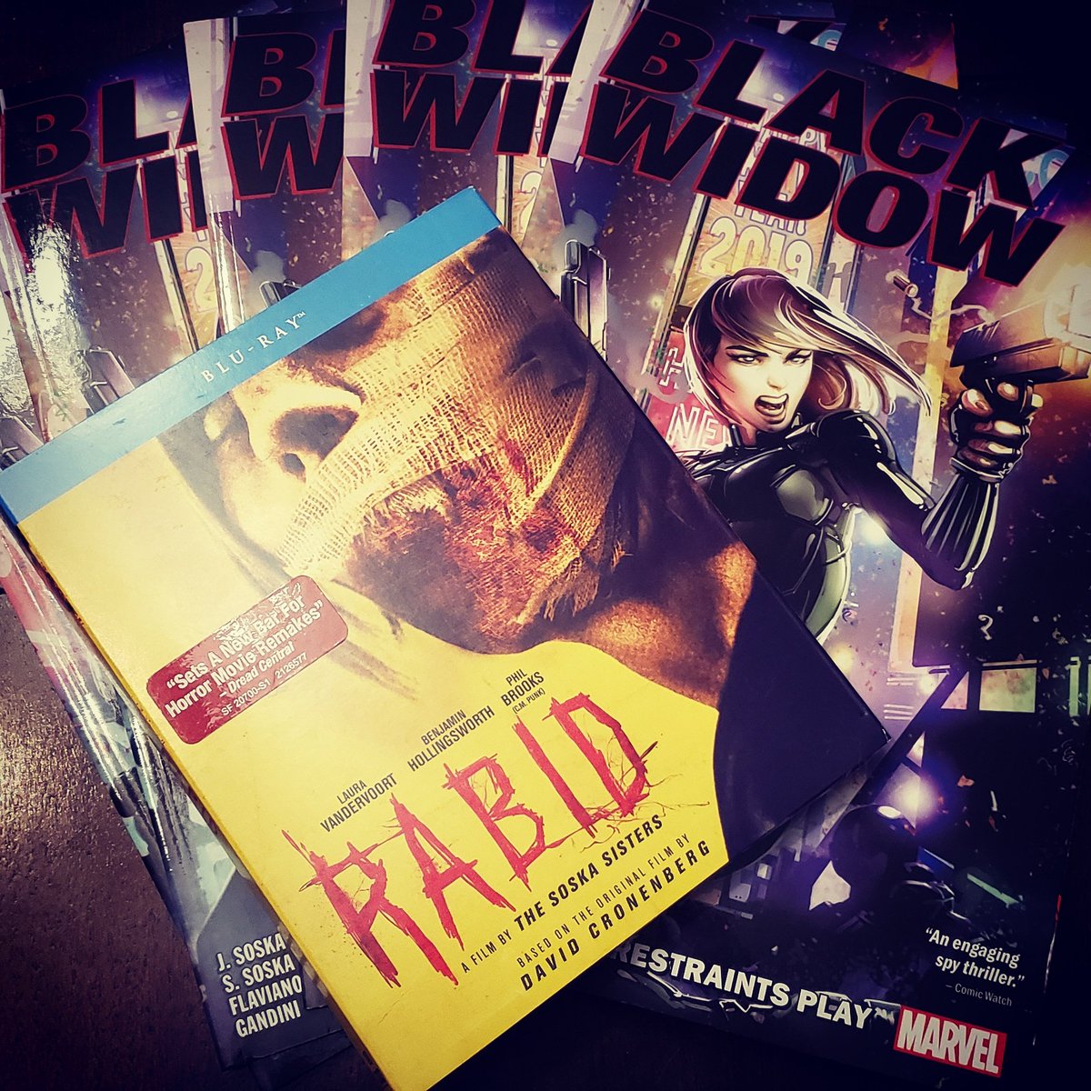 Hey <a href="/twisted_twins/">The Soska Sisters</a>, look what came in the mail before I left for Atlanta. I watched Rabid on VOD the night it came out and now have it forever on Blu-ray. Also picked up a few copies of Black Widow: No Restraints Play that you two wrote for #Marvel.