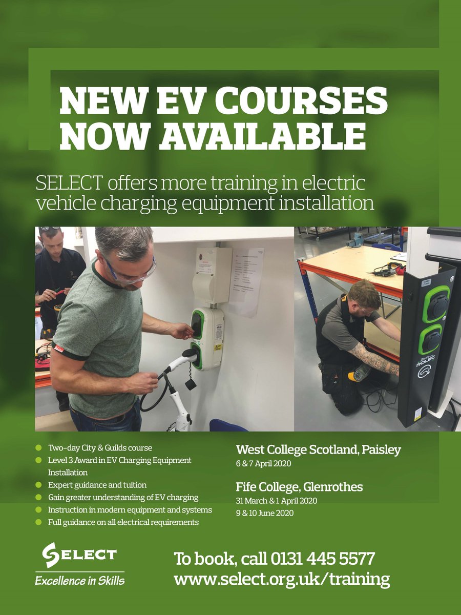 We are working in partnership with West College Scotland &amp; Fife College to deliver Electric Vehicle Charging Equipment Installation Courses.  If you would like to book, call SELECT Training on 0131 445 5577 or via website select.org.uk/training/
#EVCourse #ElectricVehicles