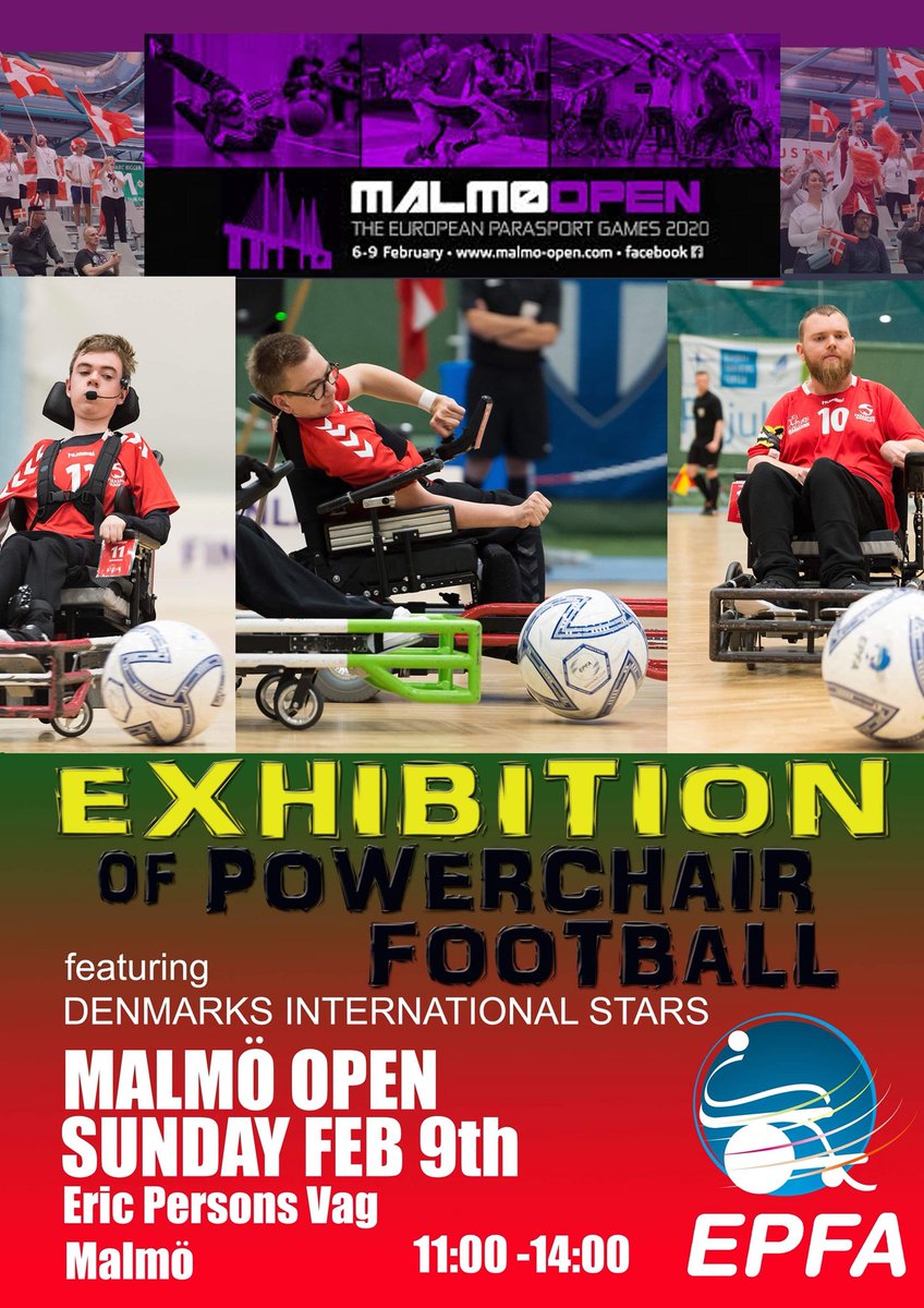 EuropePFA's tweet photo. On Sunday February 9th Powerchair Football will be exhibited at the Malmö Open - The European Parasport Event 2020 in Sweden.
It is further chance to develop interest in another new country. @MalmoOpen 

#europeanpfa
#powerchairfootball
#malmöopen
#elrullstolsfotboll
#malmop https://t.co/Lj3tY2i9hP
