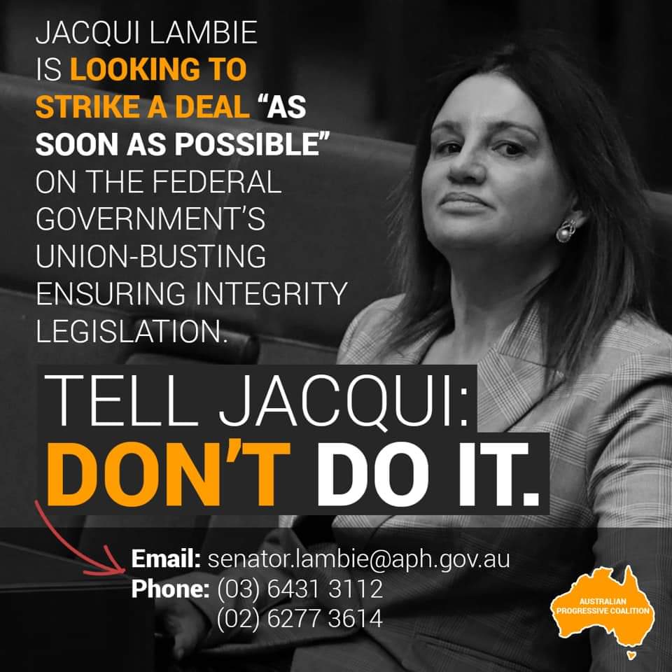 zinoviev1's tweet photo. Are you a union member who is worried about @ScottMorrisonMP
and the LNP government's
#EnsuringIntegrity legislation?
Don't sit around being angry, do something, contact @JacquiLambie and let her know this bill needs to be
scrapped.
#auspol https://t.co/swSRxsupjD