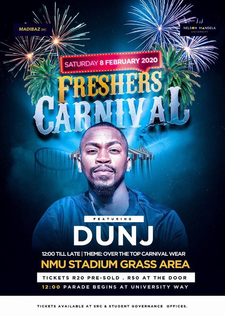 ThulaniDunjana's tweet photo. βΌοΈπ«πΉπ₯πΎ
JOIN US FOR A CARNIVAL
Venue: NMU south campus (University way)
Time: 12:00 till late
Date: 8 February
Theme: Over the top CARNIVAL WEAR
Damage: R20 presold - R50 at the gate
TICKETS ARE AVAILABLE AT SRC OFFICES
#NMUFreshersCarnival #MadibazSRC #FreshersCarnival08Feb https://t.co/142SxuMgyL
