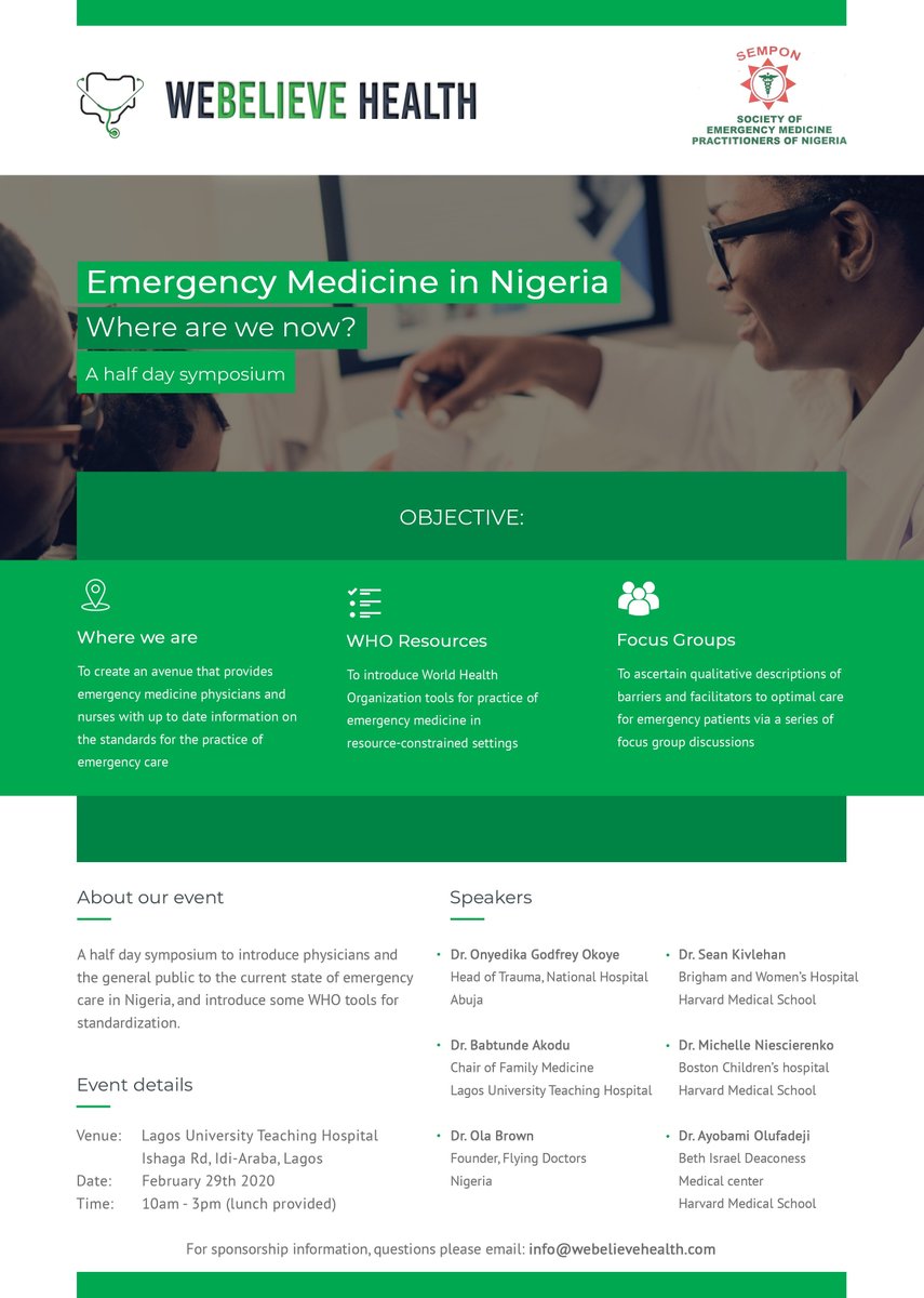 We’ve put together a symposium on Feb 29th to discuss the current state of emergency medicine in Nigeria and share tools to improve care delivery.

I’m really excited about our line-up of speakers

Please register (limited seats)… and share! 
eventbrite.com/e/emergency-me…