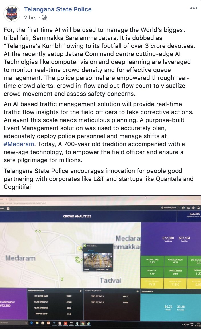 quantelainc's tweet photo. Excited n thrilled to be a part of such an important project: Medaram which is dubbed as Telangana’s Kumbh owing to its footfall of over 3cr devotees.
It is an AI based solution that will provide real-time traffic flow insights for officers to take corrective actions.

#quantela https://t.co/1kW4gxDvkb