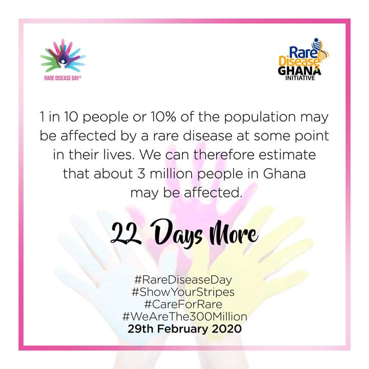 RareDiseaseGh's tweet photo. There is an estimated 3 million people in Ghana who may be affected with #RareDisease, but may not be diagnosed. Help us spread the word about @rarediseaseday and increase awareness. #RAREOutNow #rareiscoming #22days #RareDiseaseDay https://t.co/71GwcxNDnS