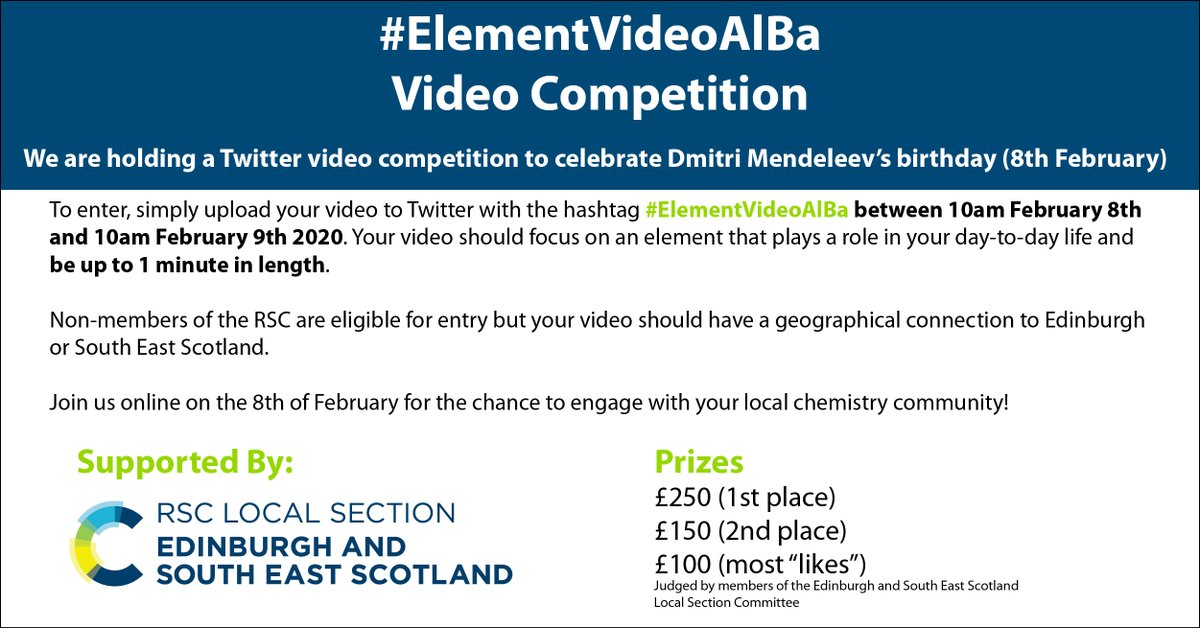 garden_jenni's tweet photo. Help us celebrate Mendeleev's birthday & win £250 by entering our Twitter video competition on Sat 8th Feb! Just upload a 1 min video on an element you use in your daily life with #ElementVideoAlBa ! @RoySocChem @seerymk @umami_j_cake https://t.co/trfCA1f2Ux