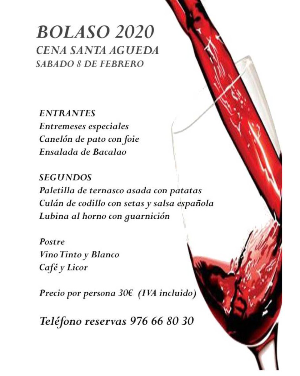📣Buenos días! Aunque Santa Agueda se celebra todos los días.... Este sábado 8 Feb.📆Hemos preparado un MENÚ ESPECIAL CENA #SantaAgueda  📲 RESERVAS #Bolaso 976668043

#MenúSantaAgueda #ComarcaCincoVillas #ElBolaso #Ejea #CincoVillas