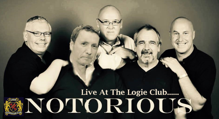 ClubLogie's tweet photo. Saturday, from Glasgow, Michael, Stuart, Tom, Michael, and Allan of Notorious will provide the evening's entertainment, playing a variety of music from Elvis and Abba, to Robbie Williams, The Killers, and Bruno Mars 🎵🎉🎸 https://t.co/mMCtT1lAnZ