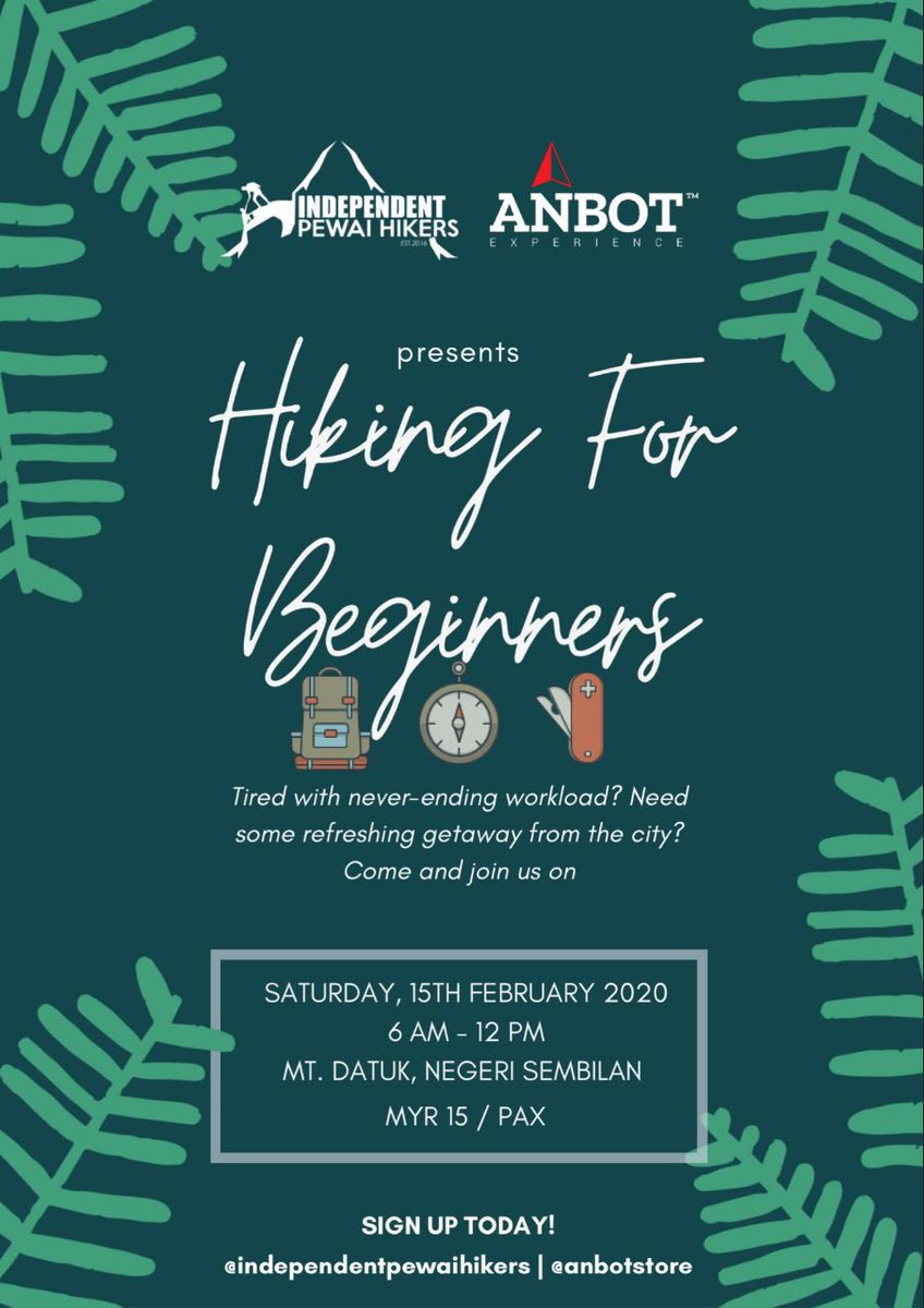 Hello gais! Dah ada plan belum next weekend? Jom follow kitorang naik Gunung Datuk next week nak?

Hiking For Beginners
Date : 15th Feb 2020 (Saturday)
Time : 6am - 12noon
Fees : MYR 15

Slot adalah terhad ! DM us for more info 😘

Minta tolong panjangkan ya kawan2 @twt_outdoor
