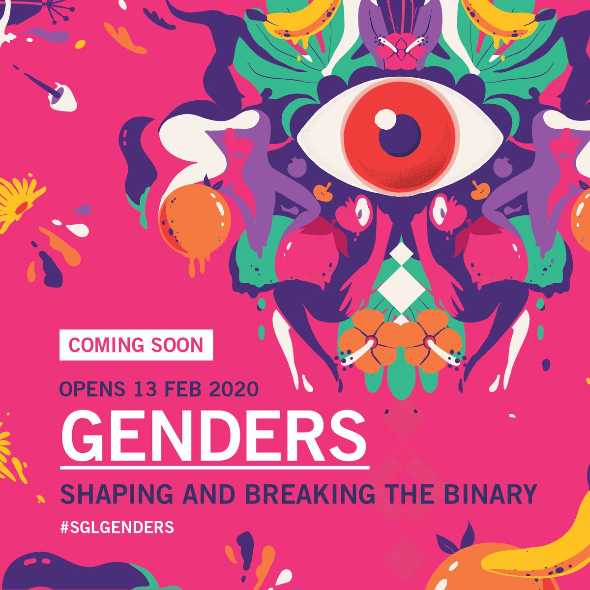 A kaleidoscope like image showing fruit, flowers and figures on a pink backgrounds. Text reads: GENDERS: Shaping and Breaking the Binary #SGLGENDERS