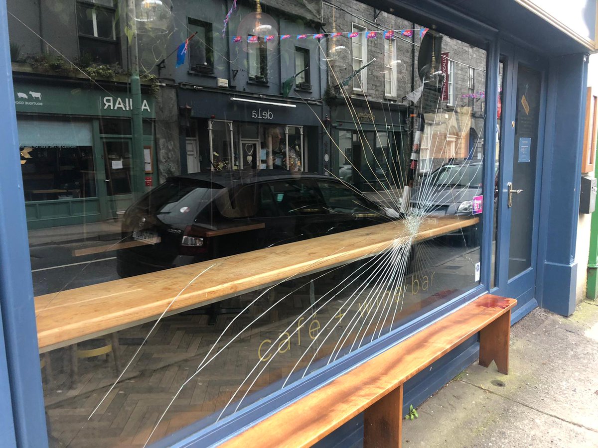 mistereatgalway's tweet photo. What is wrong with people? Someone smashed our window @tartaregalway last night. https://t.co/BqNXovC6vV