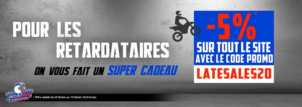 MiniMX_fr's tweet photo. Les Soldes sont terminées... Mais MiniMX a pensé aux retardataires! Profitez de 5% de réduction supplémentaire sur votre commande grâce au code LATESALES20. Offre valable jusqu'au 10/02/2020 Minuit.  #minimx #moto #motocross #soldes2020 #pitbike #dirtbike https://t.co/O2Pl1Jg0xg