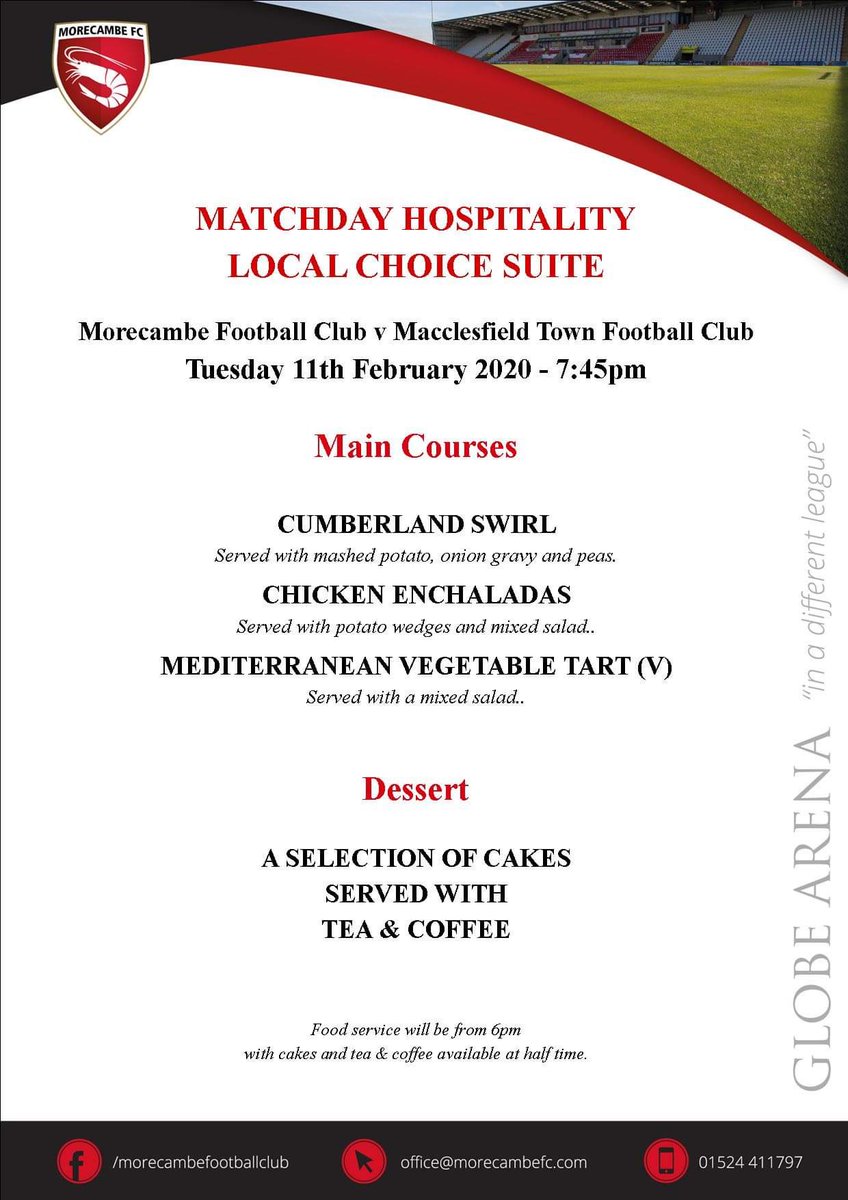 shrimpstrust's tweet photo. #MorecambeFC โs award winning Matchday Hospitality is still available for Tuesdayโs match ๐ Macclesfield Town.
Warm up your winter with a hot supper in the #LocalChoiceSuite
Call or email now to secure your booking:
โ๏ธ 01524 411797 option 2
๐ง office@morecambefc.com
#COYS ๐ฆโฝ๏ธ https://t.co/sv99PahYTR