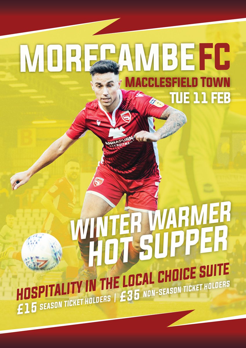 shrimpstrust's tweet photo. #MorecambeFC โs award winning Matchday Hospitality is still available for Tuesdayโs match ๐ Macclesfield Town.
Warm up your winter with a hot supper in the #LocalChoiceSuite
Call or email now to secure your booking:
โ๏ธ 01524 411797 option 2
๐ง office@morecambefc.com
#COYS ๐ฆโฝ๏ธ https://t.co/sv99PahYTR