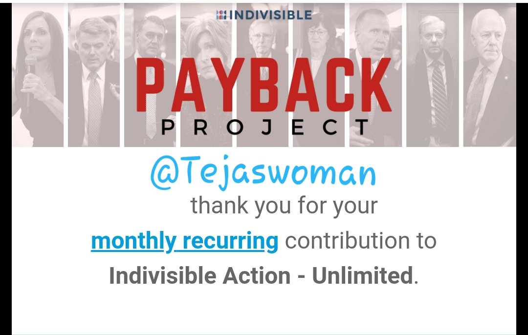 Indivisible: Payback Project screenshot of monthly recurring donation. Logo includes images of the nine especially damaging senators identified by Payback Project as most in need of removal by voters: McSally AZ, Gardner CO, Perdue GA, Ernst IA, McConnell KY, Collins ME, Tillis NC, Graham SC, Cornyn TX.