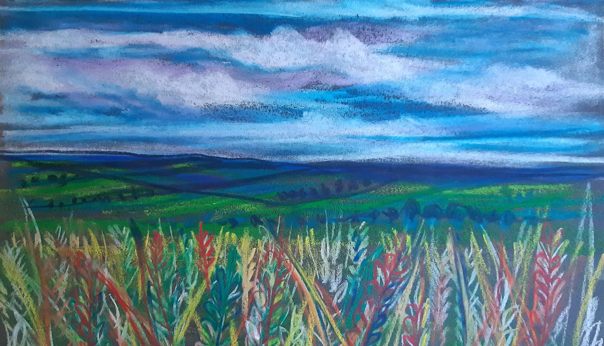 Barley with distant hills, in pastel