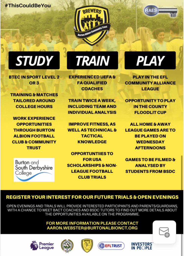 BurtonAlbionCT's tweet photo. FOOTBALL AND EDUCATION

⚽️ Are you a school leaver and would like to study, train and play? 

Boys trials - Tuesday 18th February 8:00-9:30pm

Girls trials - Wednesday 19th February 7:00-8:00pm

Trials will take place at the Burton Albion Community Football Centre 3G pitch

💛🖤 https://t.co/z6jTeo4ABW