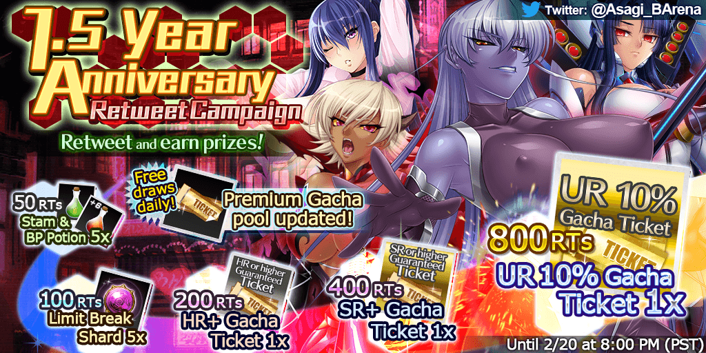 Asagi_BArena's tweet photo. TABA has reached its 1.5th year anniversary!

To celebrate, we have expanded the Premium Gacha card pool and are giving a FREE pull of the Premium Gacha to all users daily!

We are also holding a Retweet campaign!

Retweet this Tweet and follow us to get the prizes below! https://t.co/tCXEQdkoA4