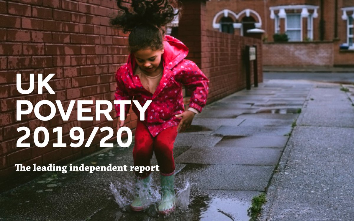 Image of a girl jumping in a puddle with the text 'UK Poverty 2019/20: the leading independent report'.