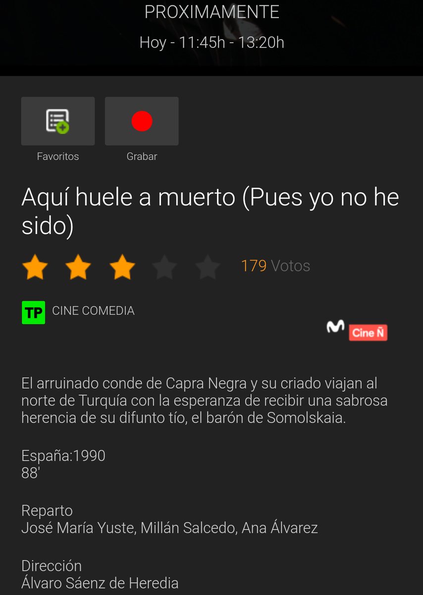 A las 11:45 van a emitir en Movistar Cine Ñ 'Aquí huele a muerto (Pues yo no he sido)', película de 1990 en la que aparece @4na4lvarez 📺🎬😉