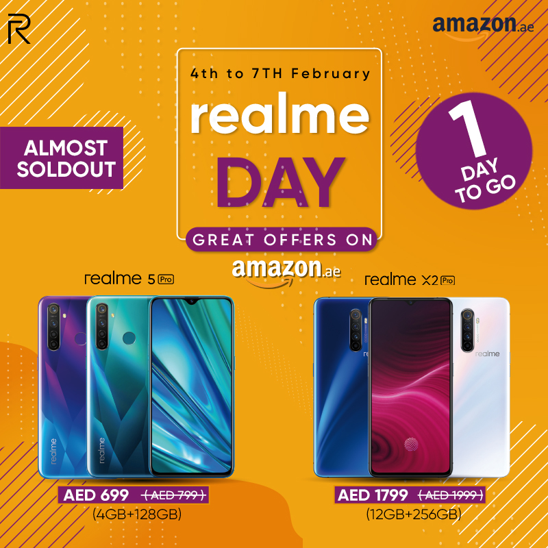 realmeArabia's tweet photo. You must be on the edge and telling all your friends about it
Get special price on your favorite realme smartphones
realme X2 Pro at AED 1799 and realme 5 Pro at 699.
One more day to go...Dont miss it!
https://t.co/CzOYrqFmeP
#realmearabia #realmeday #specialoffers #amazon https://t.co/JTauW39yTN