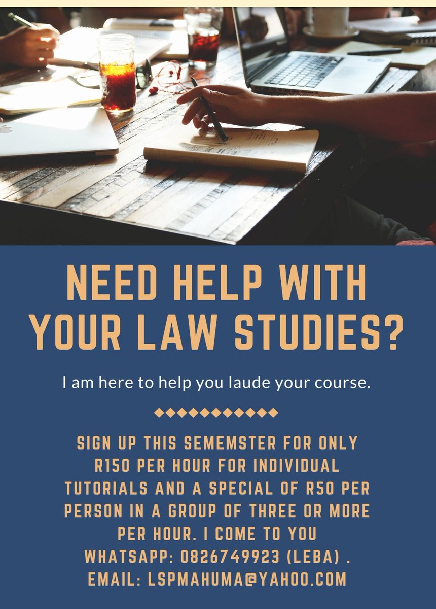 OriginalMahumz's tweet image. #IWasInFirstYear in 2010. Wish I had the drive to get as much help with my course material as possible

Offering tutoring services for Law students in Pretoria at R150 an hour for individual attention and R50 per person in a group per hour.

Hit me up in my DMs