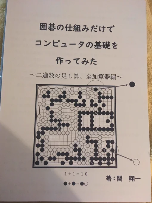 2月8日9日のマニアフェスタ @maniafesta55  で新製品、
『囲碁の仕組みだけでコンピュータの基礎を作ってみた 〜二進数の足し算、全加算器編』を販売いたします!
黒と白で1と0を表現。何桁でも足し算ができる計算機を開発しました。
A5版32ページ、300円です。 