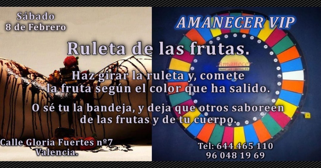 gentelibre_sw's tweet photo. RULETA DE LAS FRUTAS en AMANECER PAREJAS VIP
Sábado 8 de febrero, a partir de las 23:00h.
+info: https://t.co/2ynmMp4oxf
#SwingersValencia #parejasliberales #AmanecerParejasVIP #PubSwingerValencia #ClubLiberal #Valencia #FiestaSwingers #GenteLibreSW https://t.co/KpwEwLQQDI
