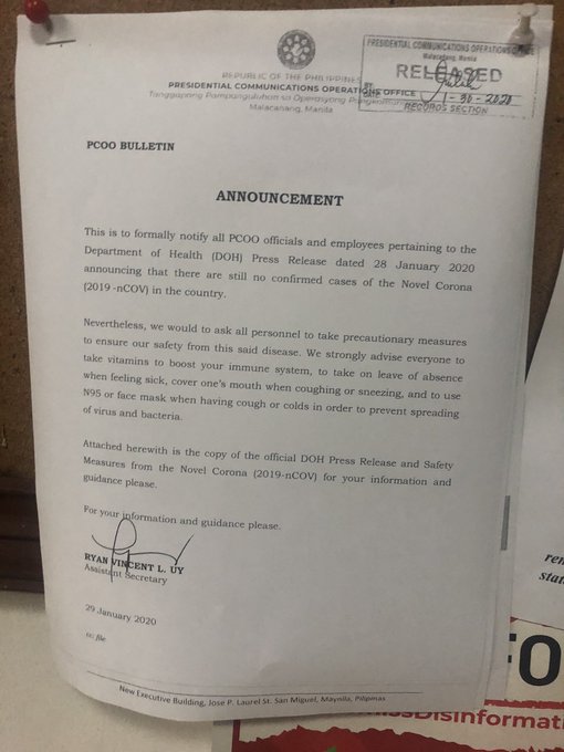 ANCALERTS's tweet image. Presidential Communications Operations Office asks officials and employees to take precautionary measures to protect themselves against the novel #coronavirus. #nCoV | via @pia_gutierrez