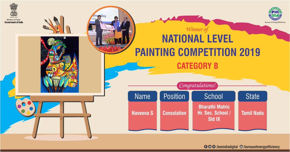 beeindiadigital's tweet photo. Naveena S, Std. IX from Bharathi Matric Hr. Sec School, Tamil Nadu was awarded the Consolation Prize in the ‘B’ category of the National Level Painting Competition 2019. BEE congratulates all the winners. #ECDay2019 #NationalEnergyConservationDay #NationalPaintingCompetition https://t.co/8ANY5YujMa