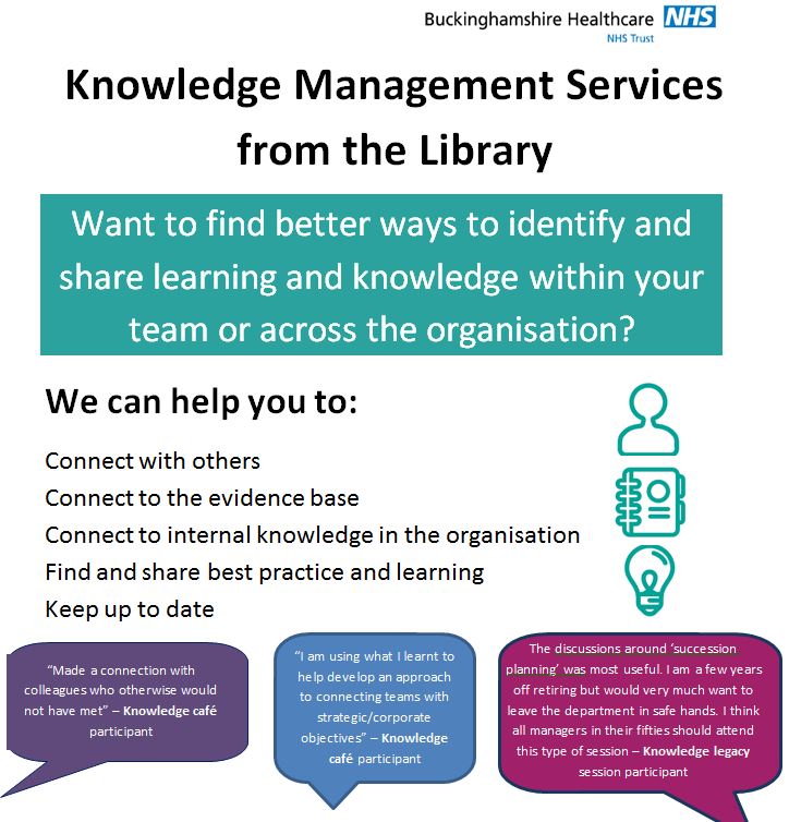 bucksnhslibrary's tweet photo. Nice new flyer showcasing our knowledge management services! #BHTLibrary #knowledgemanagement #knowledgecafes #knowledgelegacy #learning #sharing https://t.co/VMyMlaXhnx