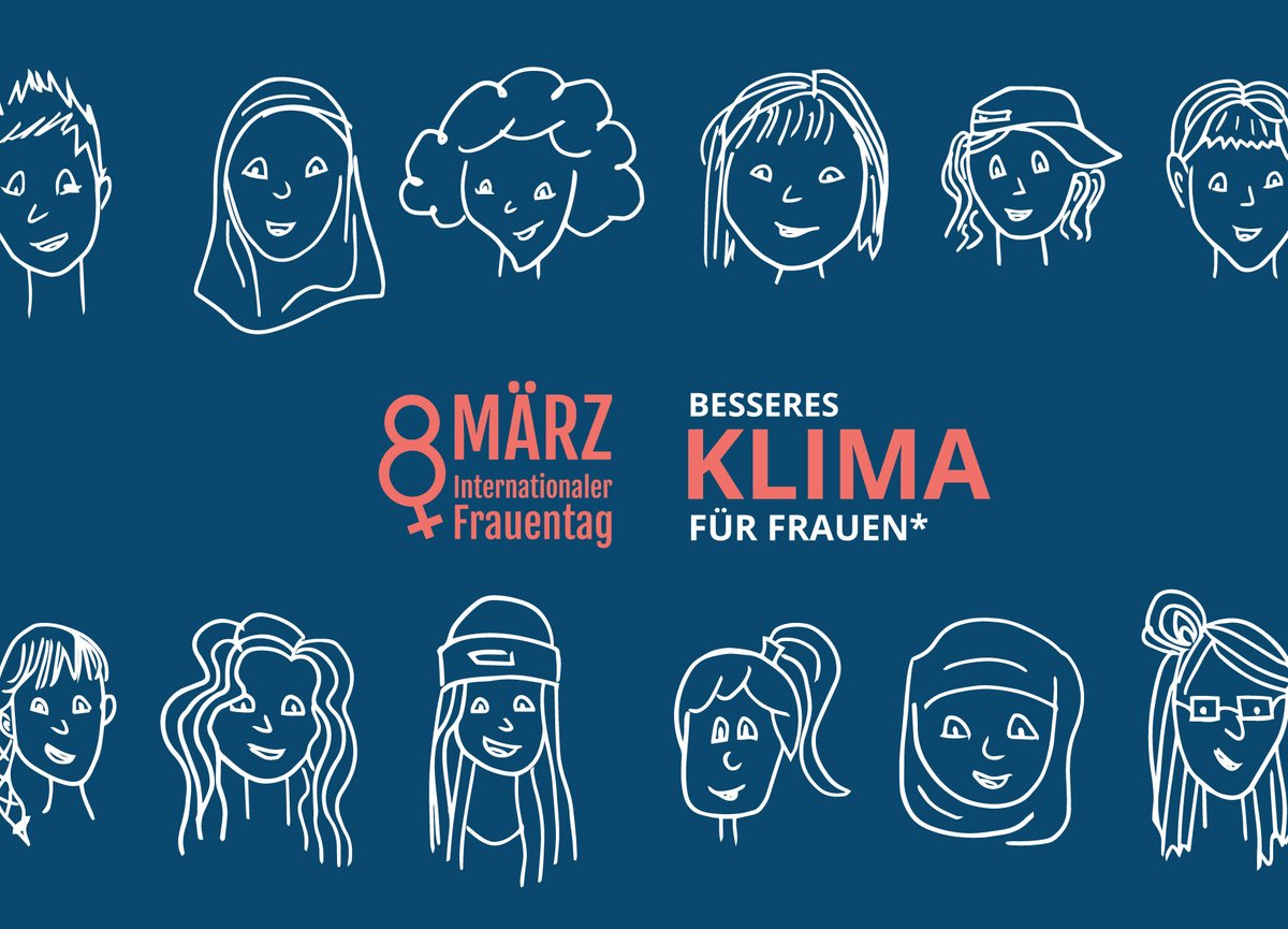 Auf dem Bild sind viele Frauenköpfe gezeichnet, daneben steht geschrieben: Internationaler Frauentag Bremen, und das Motto 2020: Besseres Klima für Frauen*.