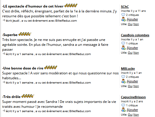 Si vous ne l'avez pas fait, soyez comme ces centaines de milliers (si si, on vous jure !) qui sont déjà venus voir le spectacle de <a href="/Sandra_ColomboO/">Sandra Colombo</a> <a href="/Comedie3bornes/">Comédie des 3 bornes</a> ! 

Tous les samedis à 20h !

👉 billetreduc.com/228345/evtcrit……